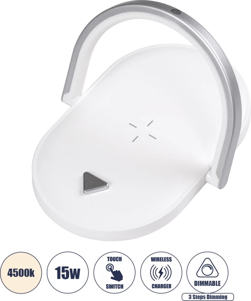 GloboStar ECLIPSE 76559 Μοντέρνο Επιτραπέζιο Φωτιστικό LED 15W Ασύρματη Φόρτιση Φυσικό Λευκό Μ17xΠ13xΥ10 Λευκό