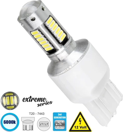 GloboStar 81148 Λάμπα Αυτοκίνητου T20 - 7443 - W21/5W 3rd Generation Can-Bus Extreme Series LED 30 SMD 4014 6W DC 12V Ψυχρό Λευκό 6000K