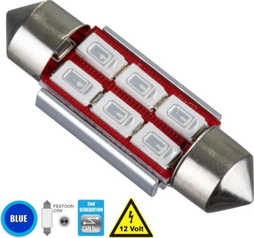 GloboStar 81314 Λάμπα Αυτοκίνητου 36mm FESTOON - C5W 2nd Generation Can-Bus Series LED 6 SMD 5630 4W 12V Μπλε
