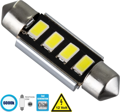 GloboStar 81315 Λάμπα Αυτοκίνητου 39mm FESTOON - C5W 2nd Generation Can-Bus Series LED 4 SMD 5630 3W 12V Ψυχρό Λευκό 6000K