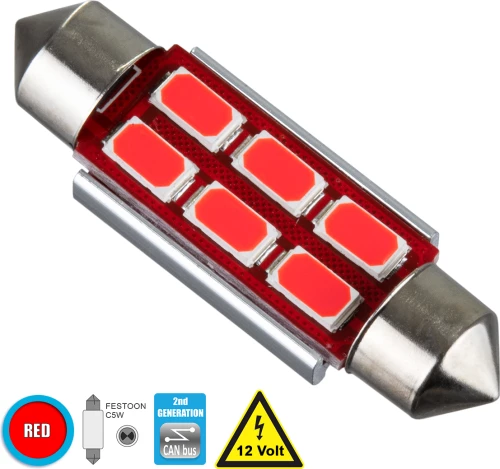 GloboStar 81318 Λάμπα Αυτοκίνητου 39mm FESTOON - C5W 2nd Generation Can-Bus Series LED 6 SMD 5630 4W 12V Κόκκινο
