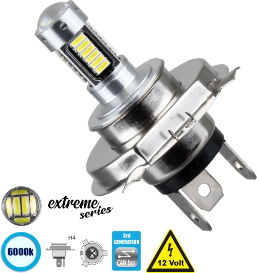 GloboStar 81413 H4 6W 3rd Generation Can-Bus Extreme Series LED 30 SMD 4014 12V Ψυχρό Λευκό 6000K