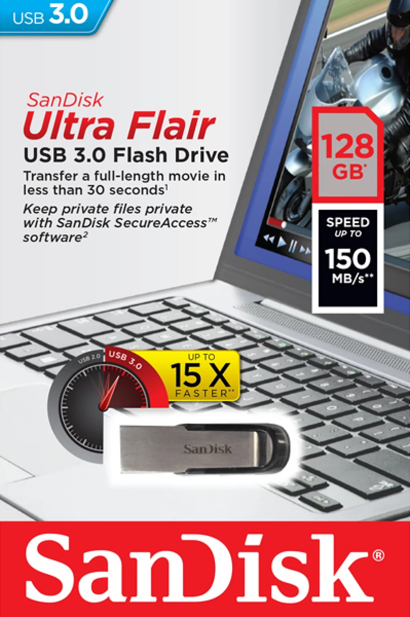 Sandisk Ultra Flair 128gb Usb 3.0 Stick Μαύρο