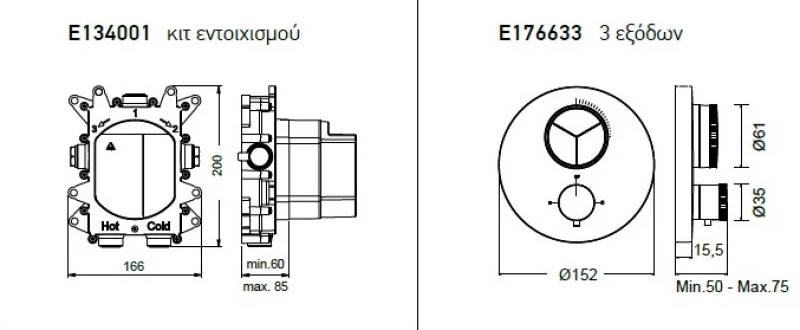 Almar Thermo Core Push E176633 Inox Finish - Θερμοστατικος Μίκτης Εντοιχισμού 3 Εξόδων