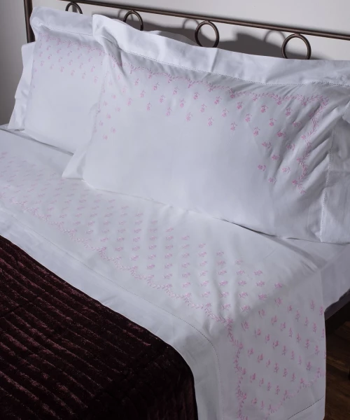 Χειροποιητο Σεντονι Με Κεντημα 2806b Τριων Τεμαχιων (180cm X 270cm) Λευκο Ροζ - -