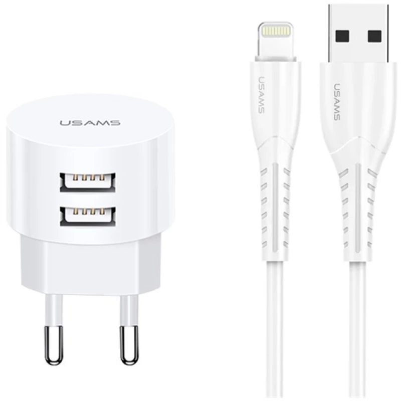Usams Φορτιστής Τοίχου T20 & Καλώδιο Lightning, 2x Usb, 2.1a, Λευκός