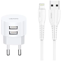 Usams Φορτιστής Τοίχου T20 & Καλώδιο Lightning, 2x Usb, 2.1a, Λευκός