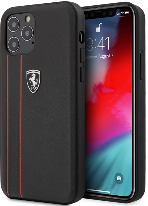 Ferrari "Off Track" Hard Leather Case with Embossed Stripes Θήκη προστασίας από γνήσιο δέρμα – iPhone 12 Pro Max (Μαύρη/Leather/3D Logo)