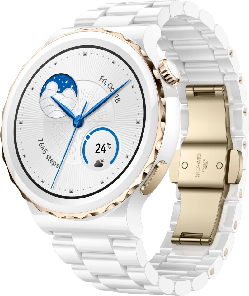 Huawei Watch GT 3 Pro Ceramic 43mm Αδιάβροχο με Παλμογράφο (White Strap Gold)