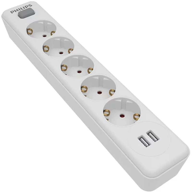 PHILIPS πολύπριζο SPN3052WA  5x schuko 16A  2x USB 2.4A  2m  λευκό