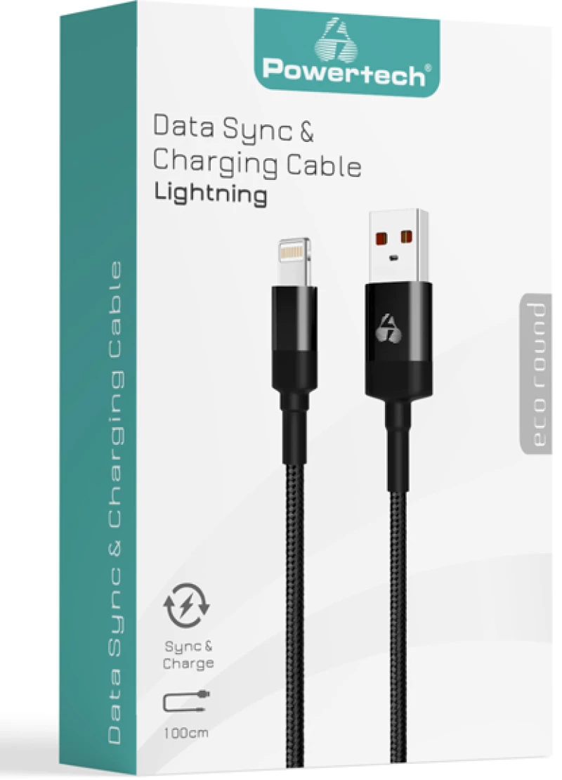 POWERTECH Καλώδιο USB σε Lightning eco round PTR-0082, copper, 1m, μαύρο