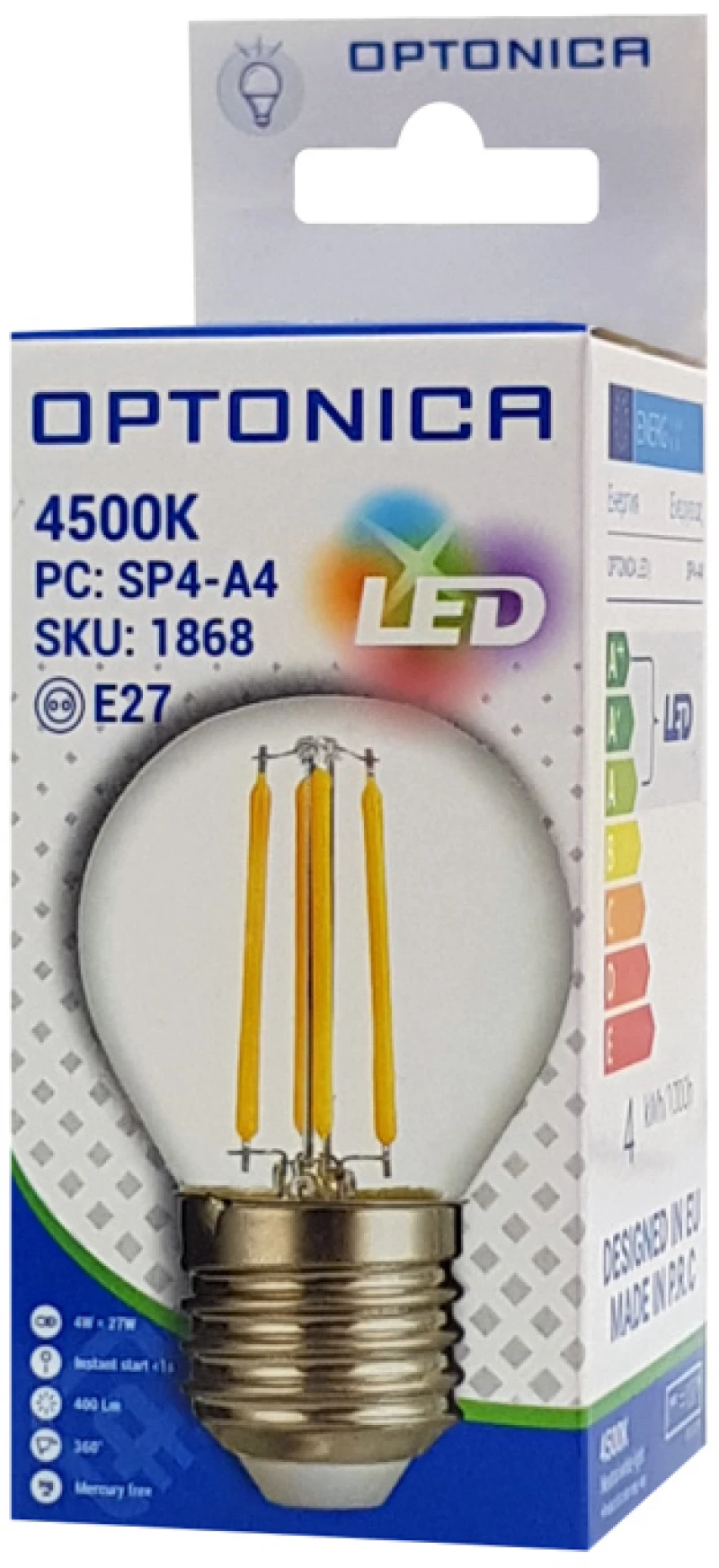 OPTONICA LED λάμπα G45 Filament 1868, 4W, 4500K, E27, 400lm