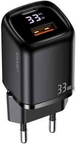 USAMS φορτιστής τοίχου CC152 με οθόνη, USB-C & USB, PD & QC, 33W, μαύρος