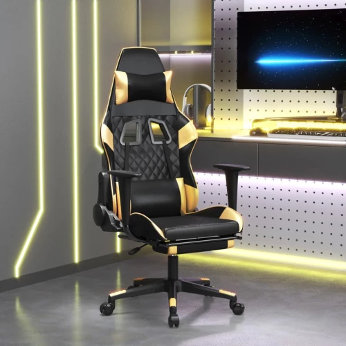 vidaXL Καρέκλα Gaming Μασάζ Υποπόδιο Μαύρο/Χρυσό από Συνθετικό Δέρμα  Μαύρο