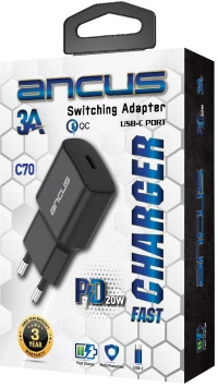 Φορτιστής Ταξιδίου Switching Ancus Supreme Series C70 Fast Charge με USB-C Έξοδο QC 3.0 PD 20W 5V/3A Μαύρο