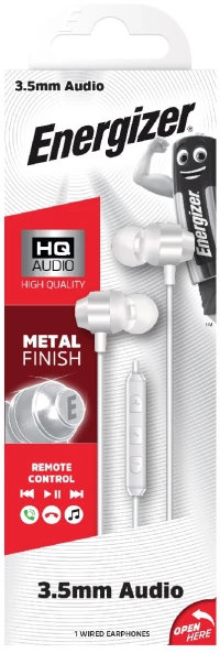 Hands Free Energizer CIA10 Metal Stereo 3.5 mm Λευκό με Μικρόφωνο και Πλήκτρο Πολλαπλών Λειτουργιών 1,2μ