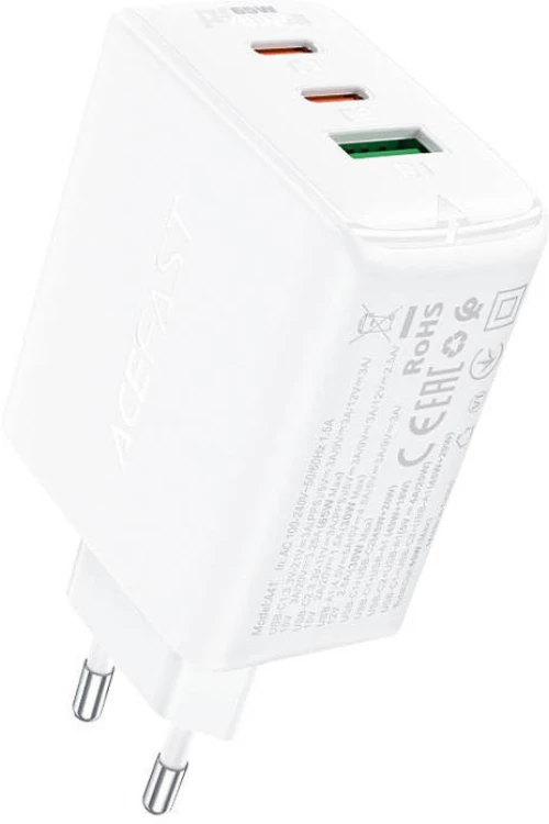 Acefast A41 wall charger, 2x USB-C + USB, GaN 65W (white)