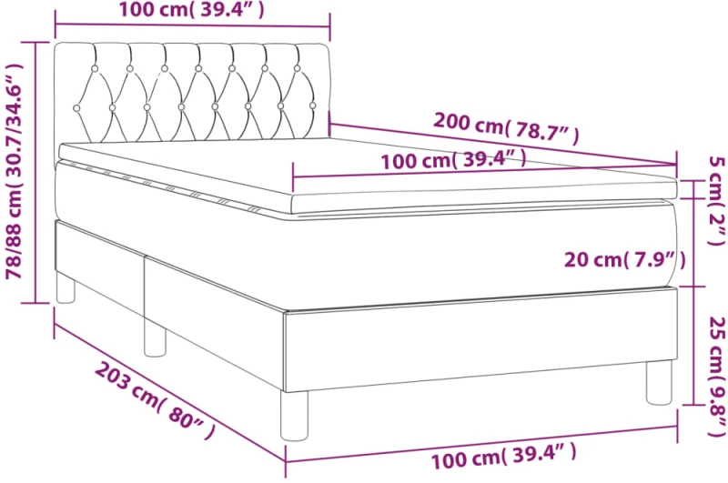 vidaXL Κρεβάτι Boxspring με Στρώμα & LED Μπλε 100x200 εκ. Υφασμάτινο 100 x 200 cm Μπλε