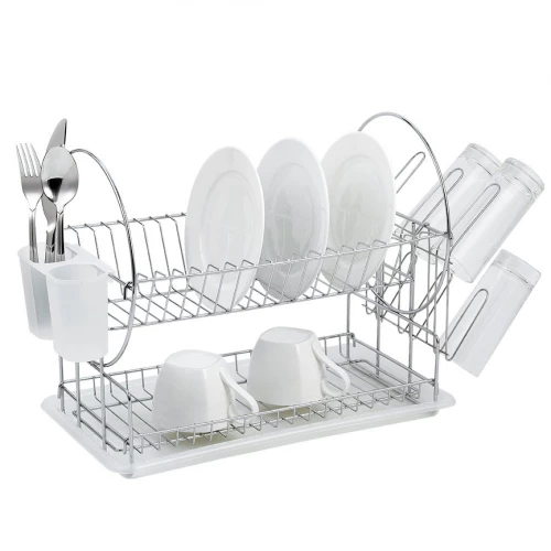 Muhler Πιατοθήκη - Στεγνωτήριο Πιάτων Δύο Επιπέδων με Αποσπώμενο Δοχείο Αποστράγγισης Μαχαιροπίρουνων & Θήκη για Ποτήρια - Λευκό