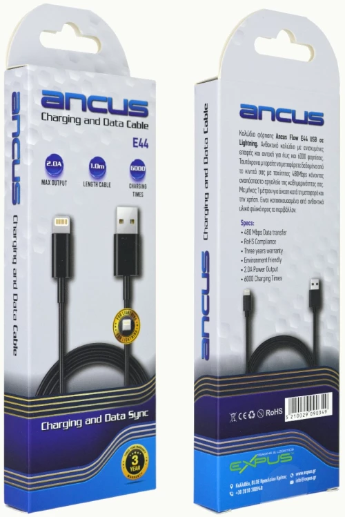 Καλώδιο Σύνδεσης και Φόρτισης Ancus Flow E44 USB σε Lightning 2.0A Data Transfer 480Mbp Μαύρο 1μ.