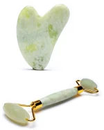 Set για Μασάζ Προσώπου Gua Sha Πέτρα Νεφρίτη + Ρολό Anti-Aging Roller Jade