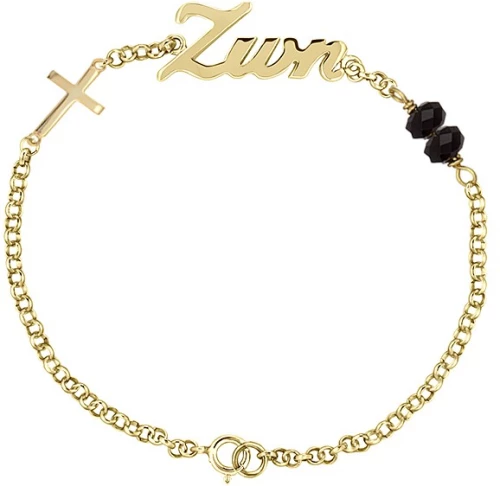 Ασημένιο βραχιόλι με όνομα Ζωή με σταυρό και μαύρες πέτρες Και Χρύσωμα Κ18 / ABR-007G