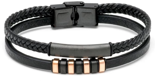 Βραχιόλι Ανδρικό με Δέρμα Μαύρο και Ατσάλι 316L σε Ροζέ και Μαύρο Χρώμα / Μήκος 21 cm / Φάρδος 13,30 mm / VISETTI / 21C-BR019RB