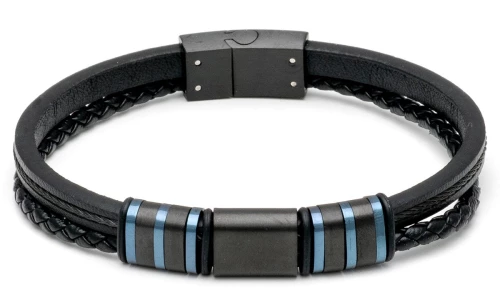 Βραχιόλι Ανδρικό με Δέρμα Μαύρο και Ατσάλι 316L σε Μπλέ και Μαύρο Χρώμα / Μήκος 21 cm / Φάρδος 10,20 mm / VISETTI / 21C-BR016BM