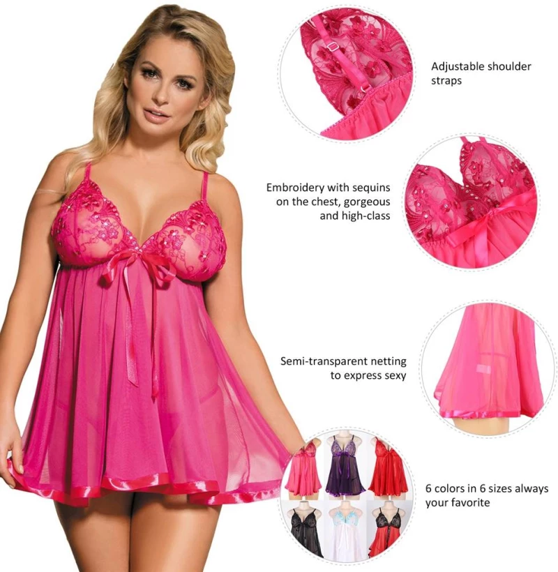 Pink See-through Nightdress Sexy Rhinestone Sleepwear