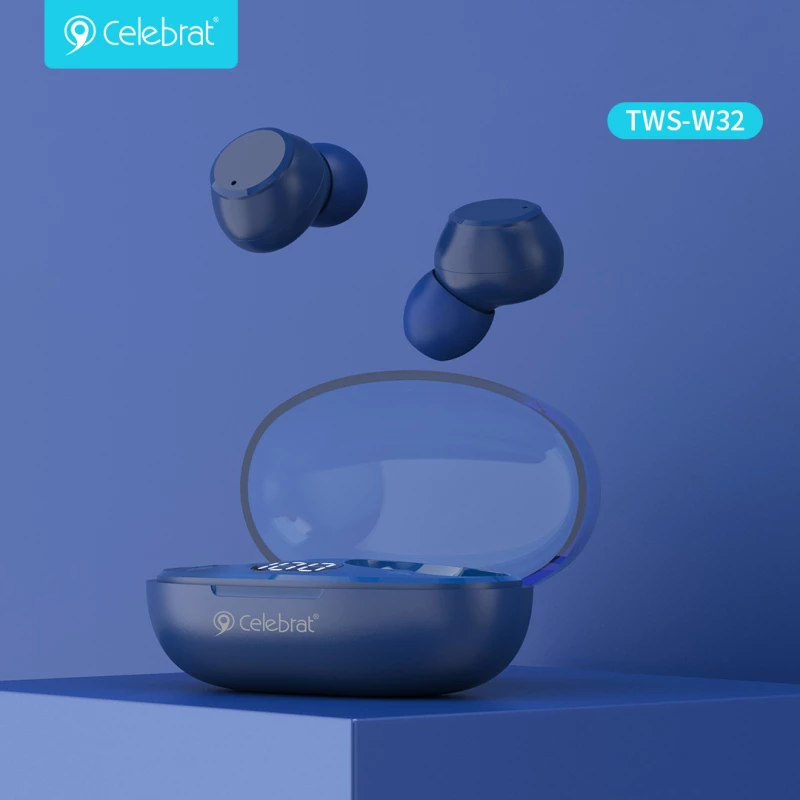 CELEBRAT earphones με θήκη φόρτισης TWS-W32  True Wireless  μπλε