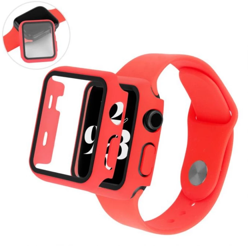 2 in 1 Silicone Strap Watch Band & Protective Case Cover With Tempered Glass Size 38/40- Red (oem)