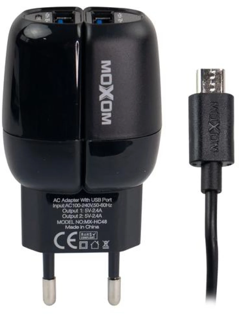 Moxom Φορτιστής με 2 Θύρες USB-A και Καλώδιο Micro USB Μαύρος (MX-HC48)