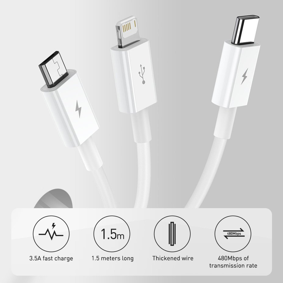 Baseus Cablu de Date USB la Type-C, Micro-USB, Lightning, Fast Charging 3.5A, 1.5m - Baseus Superior Series (CAMLTYS-03) - Blue 6953156205543
