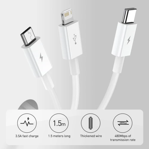 Baseus Cablu de Date USB la Type-C, Micro-USB, Lightning, Fast Charging 3.5A, 1.5m - Baseus Superior Series (CAMLTYS-03) - Blue 6953156205543