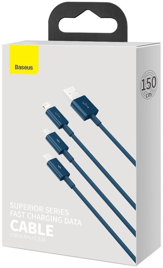 Baseus Cablu de Date USB la Type-C, Micro-USB, Lightning, Fast Charging 3.5A, 1.5m - Baseus Superior Series (CAMLTYS-03) - Blue 6953156205543