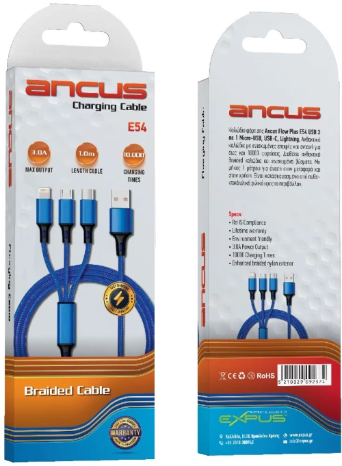 Ancus Καλώδιο Φόρτισης Ancus Flow Plus E54 USB 3 σε 1 Micro-USB, USB-C, Lightning 2.0A με  Braided Καλώδιο Μπλε 1μ. 35127 5210029092374