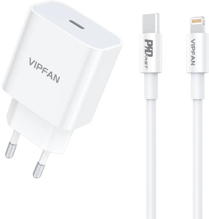Vipfan Wall charger Vipfan E04, USB-C, 20W, QC 3.0 + Lightning cable (white) 036880