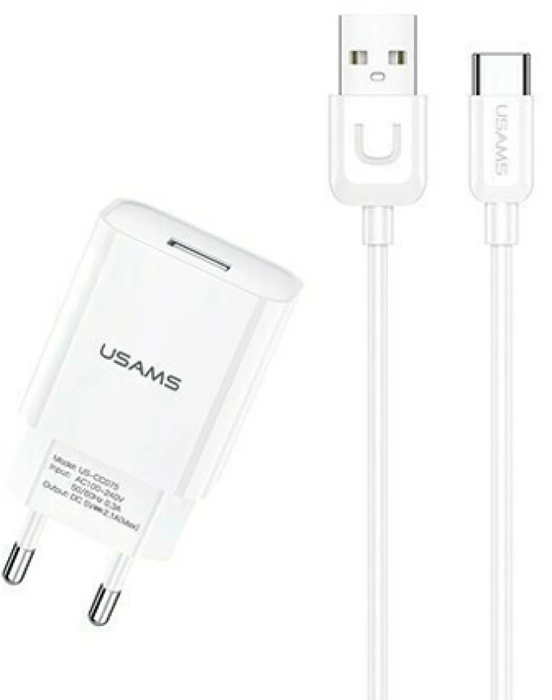 USAMS φορτιστής τοίχου T21OCTC01 με καλώδιο USB-C, USB 2.1A, λευκός