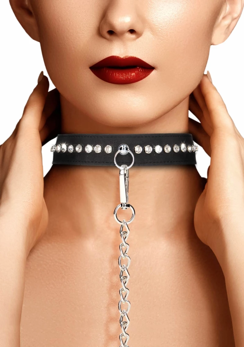 Ouch! Diamond Studded Collar With Leash  - Black