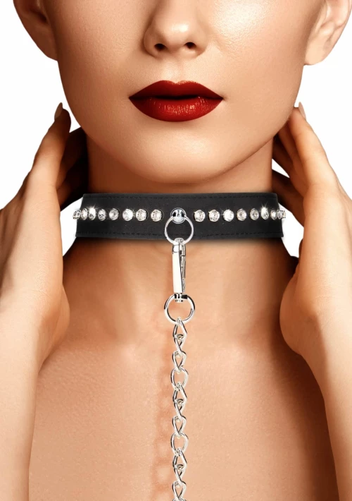 Ouch! Diamond Studded Collar With Leash  - Black