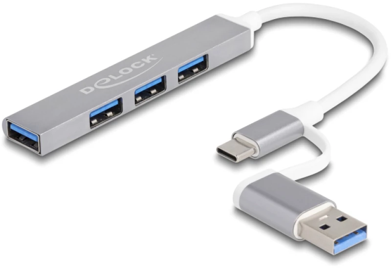 DELOCK USB hub 64214, 4x USB θύρες, USB & USB-C σύνδεση, γκρι