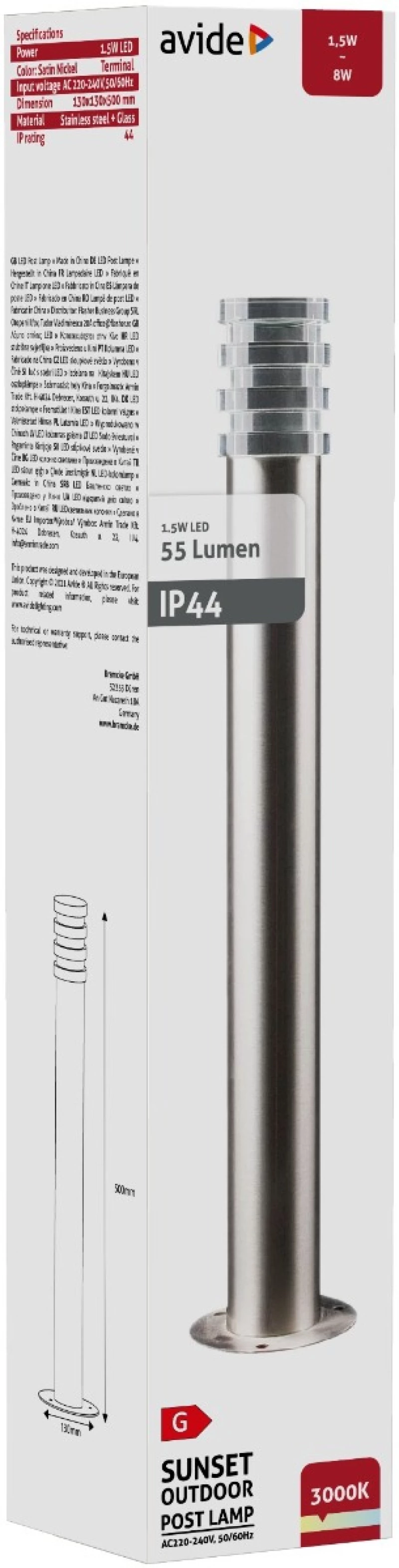 Avide Outdoor Post Lamp Sunset LED 1.5W WW 500mm IP44 Satin Nickel