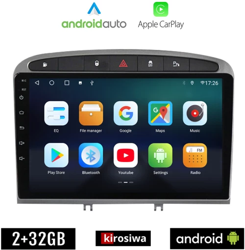 KIROSIWA PEUGEOT 308 (2007 - 2012) Android οθόνη αυτοκίνητου 2GB με GPS WI-FI (ηχοσύστημα αφής 9" ιντσών OEM Android Auto Apple Carplay Youtube Playstore MP3 USB Radio Bluetooth Mirrorlink εργοστασιακή, 4x60W, AUX)