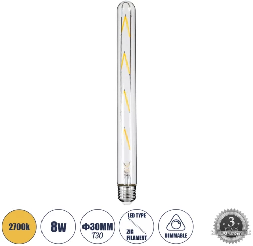 GloboStar® 99020 Λάμπα LED Long Filament E27 T30 Σωλήνας 8W 800lm 360° AC 220-240V IP20 Φ3 x Υ30cm Θερμό Λευκό 2700K με Διάφανο Γυαλί - Dimmable - 3 Years Warranty