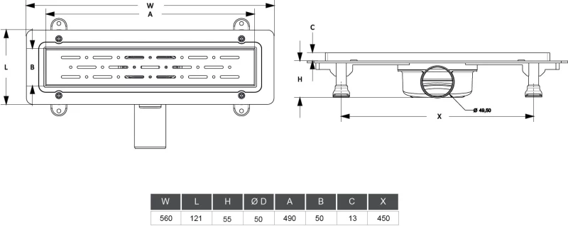 Κανάλι Ντουζ 50cm με Αναστρεφόμενη Σχάρα Inox 4027