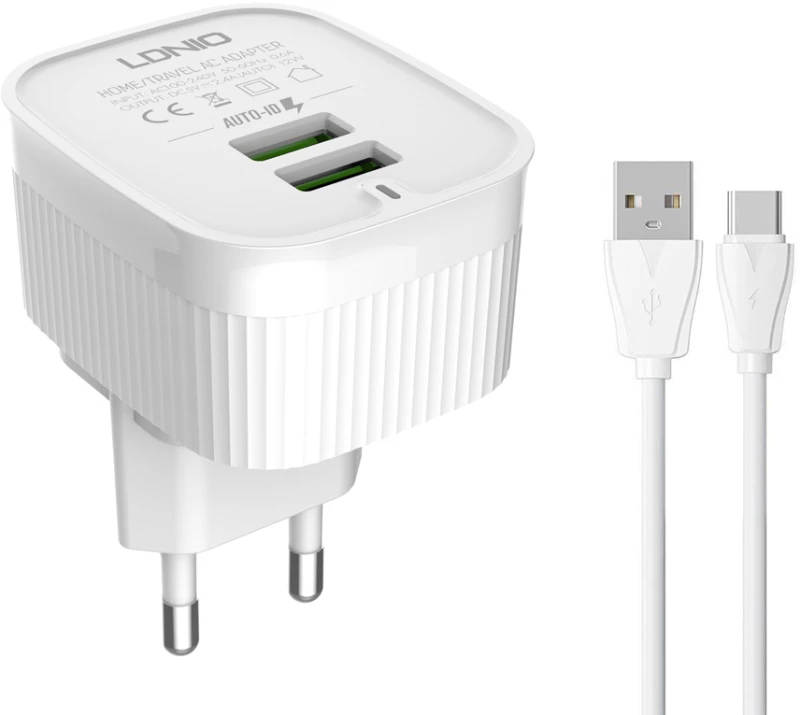 LDNIO φορτιστής τοίχου A201 με καλώδιο USB-C, 2x USB, 12W, λευκός