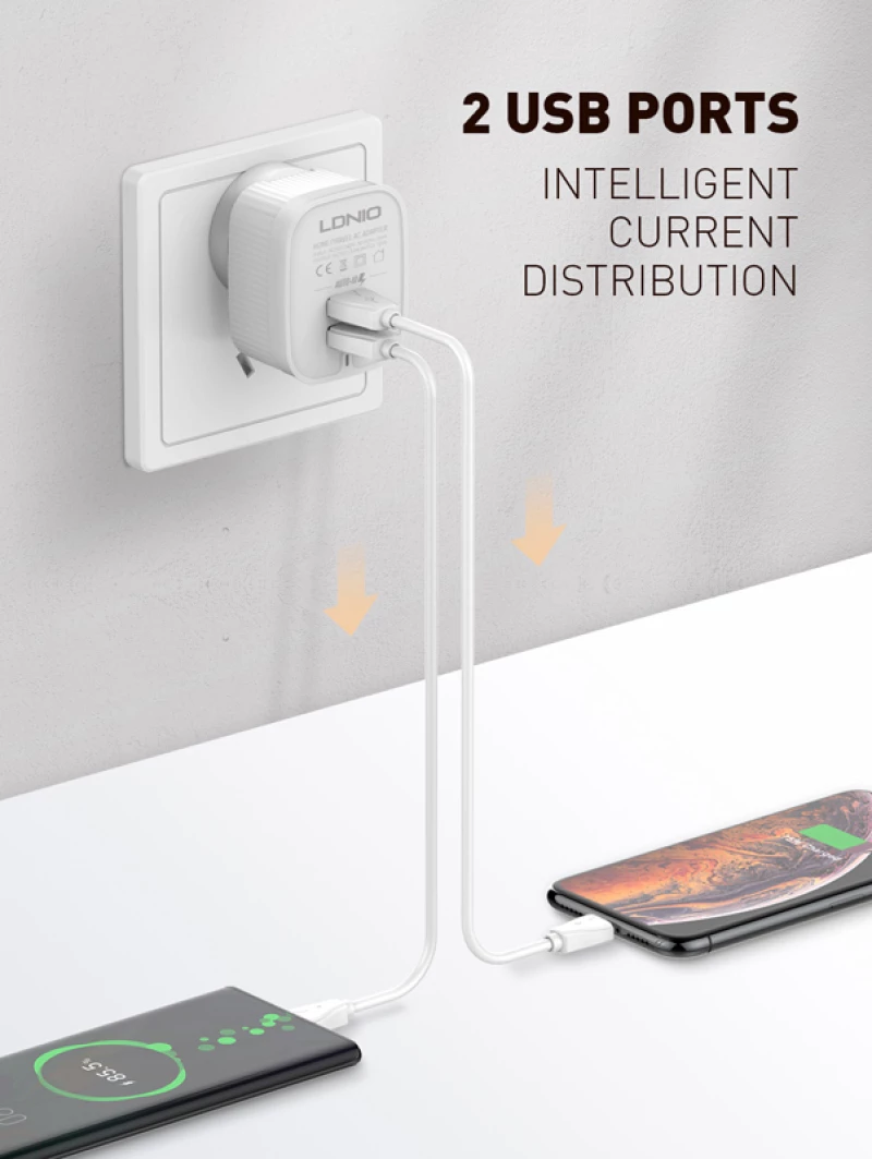 LDNIO φορτιστής τοίχου A201 με καλώδιο USB-C, 2x USB, 12W, λευκός