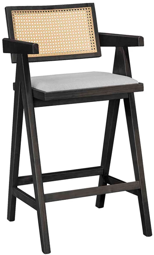 Σκαμπό bar με μπράτσα Winslow pakoworld ξύλο rubberwood μαύρο-pvc rattan φυσικό-ύφασμα γκρι