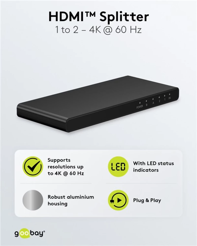 Goobay Hdmi Splitter 58481, 1-In Σε 2-Out, 4K/60Hz, Μαύρο