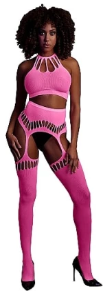 Two Piece with Crop Top and Stockings Pink os